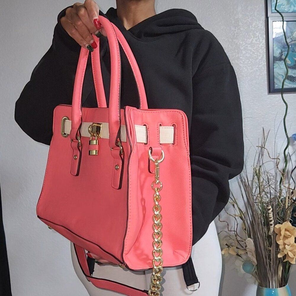 Hot Coral Pink Satchel Purse/ Tote - Picture 3 of 10